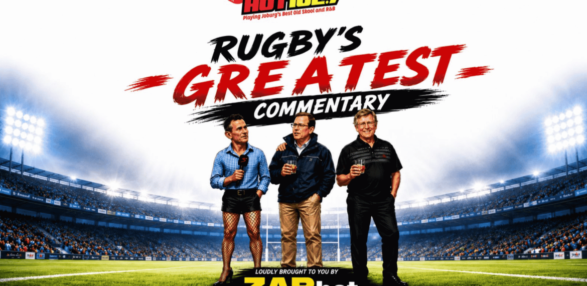 Three men stand on a rugby field holding drinks, wrapped warmly in winter blankets, with a stadium in the background. Text above them reads, Rugby&rsquo;s Greatest Commentary, with HOT102.7FM and ZARbet logos also visible.