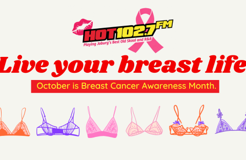 Hot 102.7 FM Breast Cancer Awareness Month promo with slogan Live your breast life, a pink ribbon, and illustrated bras in various colors and styles along the bottom.