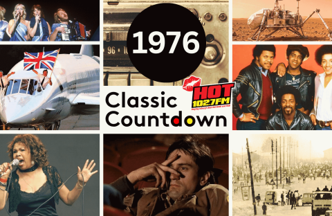 Collage of 1976 events: musicians performing, Mars lander, Concorde plane, radio, music group, soul singer, man with hand on face, and street protest, with 1976 Classic Countdown HOT 102.7 FM text in the center.