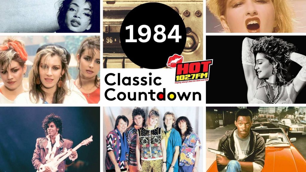 Collage of 1980s pop stars, a radio, and a logo for HOT 102.7 FM. Text in the center reads 1984 Classic Countdown. Images include iconic singers, a band, a comedian, and colorful 80s fashion.