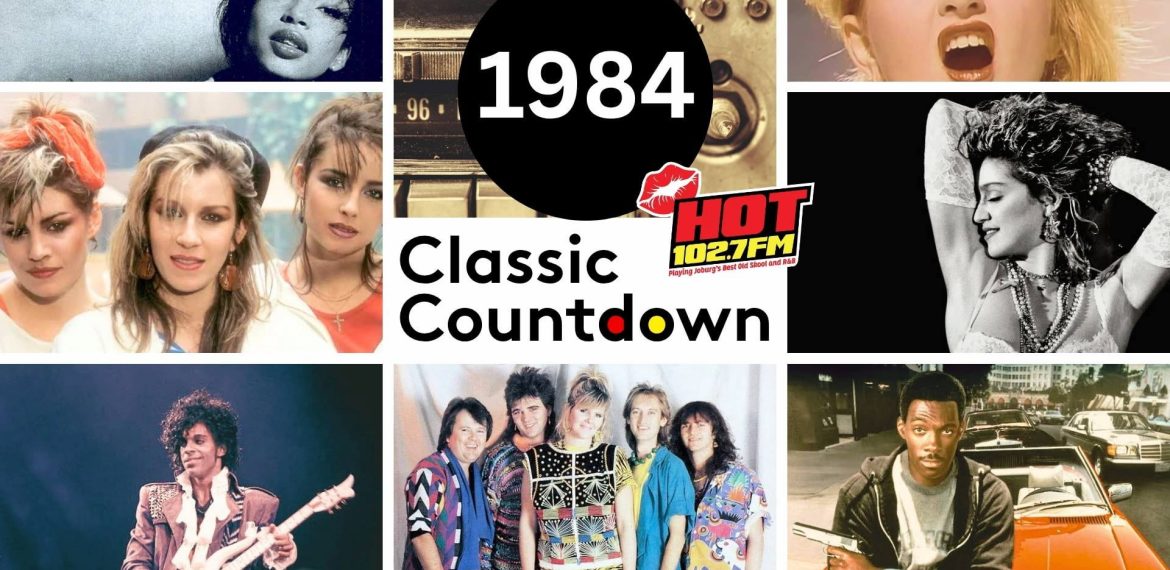 Collage of 1980s pop stars, a radio, and a logo for HOT 102.7 FM. Text in the center reads 1984 Classic Countdown. Images include iconic singers, a band, a comedian, and colorful 80s fashion.