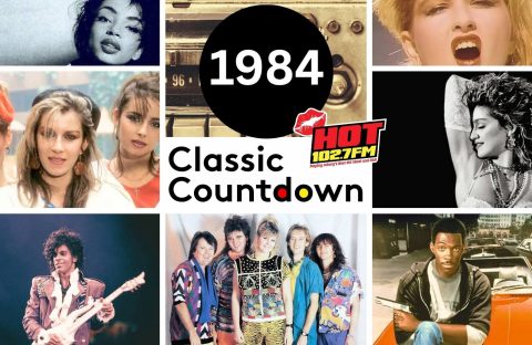 Collage of 1980s pop stars, a radio, and a logo for HOT 102.7 FM. Text in the center reads 1984 Classic Countdown. Images include iconic singers, a band, a comedian, and colorful 80s fashion.