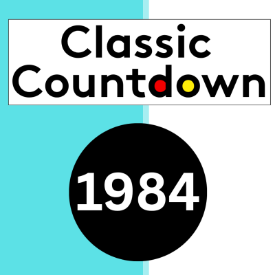 Graphic with a split turquoise and white background. Text reads Classic Countdown above a large black circle with 1984 in white. The o in Countdown is colored red, yellow, and black.