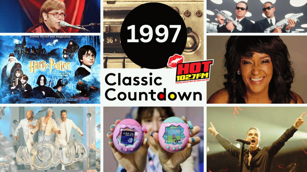 Collage of 1997 pop culture: Elton John singing, Men in Black scene, Harry Potter poster, radio logo, woman smiling, Aqua band, Tamagotchi toys, man singing on stage. Text reads 1997 Classic Countdown..