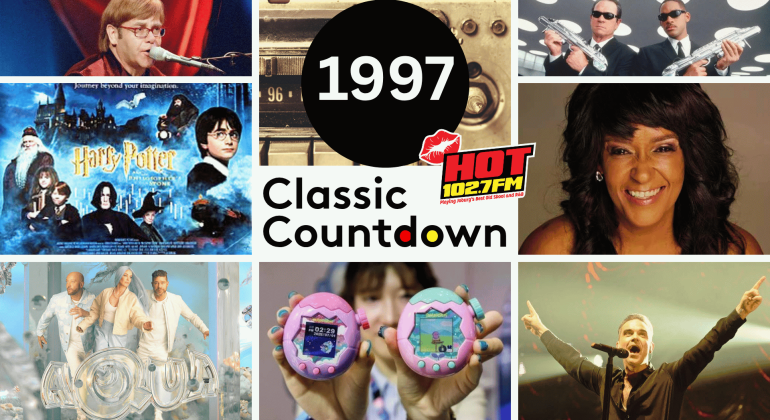 Collage of 1997 pop culture: Elton John singing, Men in Black scene, Harry Potter poster, radio logo, woman smiling, Aqua band, Tamagotchi toys, man singing on stage. Text reads 1997 Classic Countdown..
