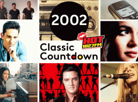 A collage with 2002 Classic Countdown in the center, surrounded by images of musicians, a vintage radio, a mobile phone, and the Hot 102.7 FM logo.