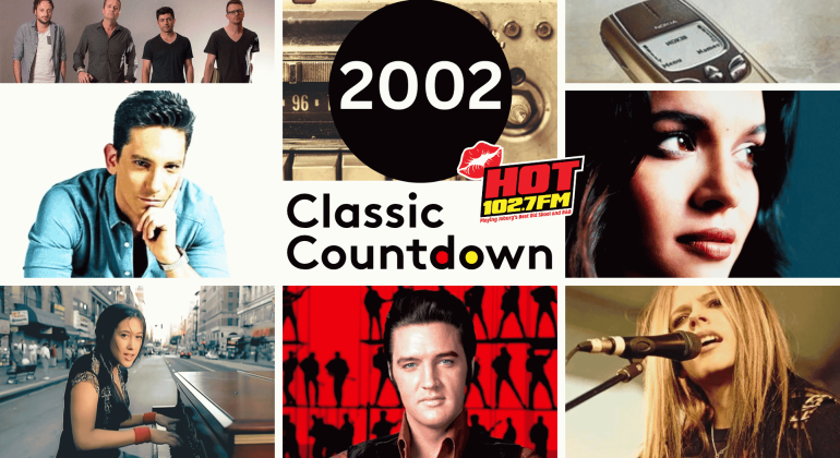 A collage with 2002 Classic Countdown in the center, surrounded by images of musicians, a vintage radio, a mobile phone, and the Hot 102.7 FM logo.