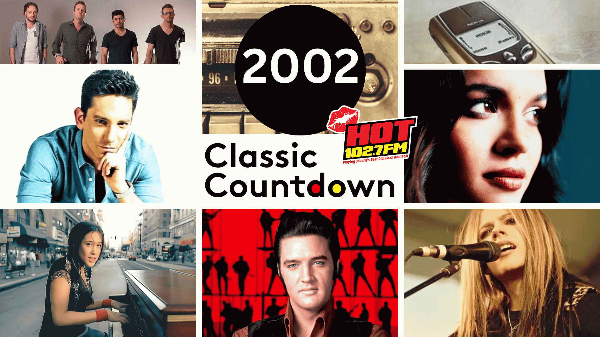 A collage with 2002 Classic Countdown in the center, surrounded by images of musicians, a vintage radio, a mobile phone, and the Hot 102.7 FM logo.