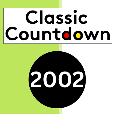 Classic Countdown 2002 text on a white and lime green split background, with 2002 in bold white numbers inside a large black circle below the main title. The o letters in Countdown are red and yellow.