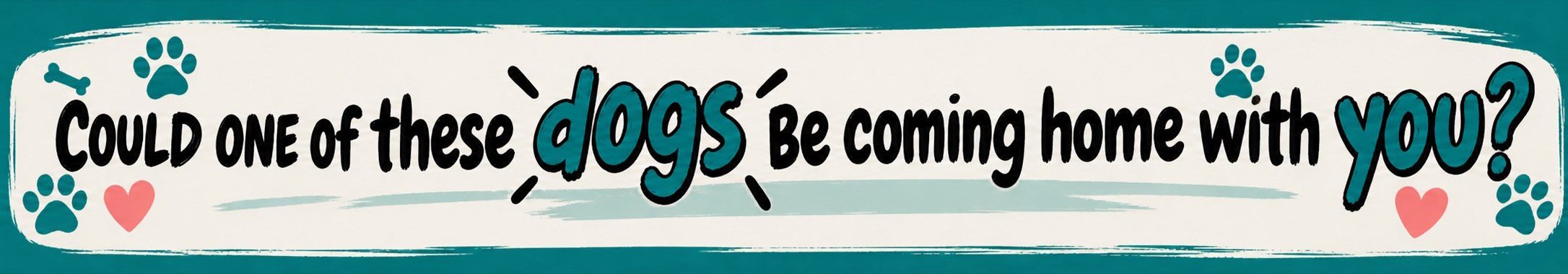 Banner with paw prints, hearts, and text: Could one of these dogs be coming home with you under a cozy winter blanket? The words dogs and you? are stylized and highlighted.