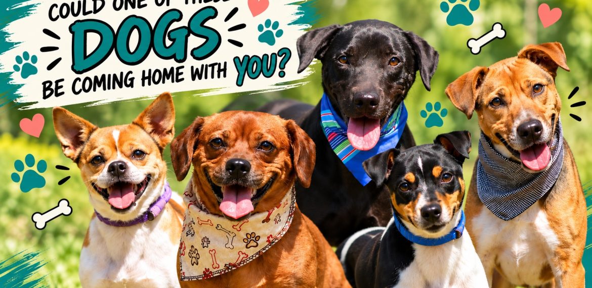 Five smiling dogs wearing bandanas pose outdoors, snuggled together as if sharing a cozy winter blanket, with text: Could one of these dogs be coming home with you? Bones, paws, and hearts decorate the image.