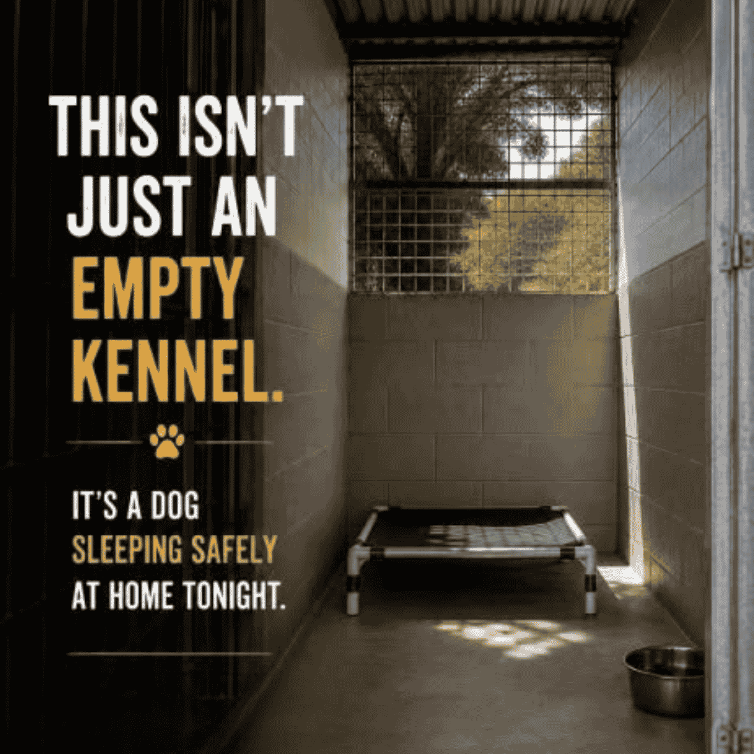 An empty kennel with a raised dog bed, a cozy winter blanket, and a metal water bowl. Text reads: This isn&rsquo;t just an empty kennel. It&rsquo;s a dog sleeping safely at home tonight.