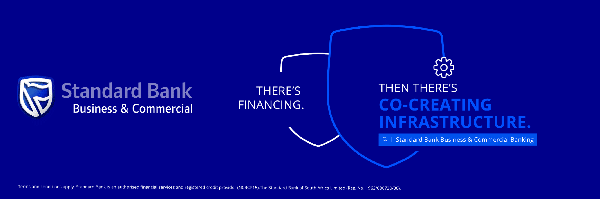 Standard Bank Business & Commercial logo on blue background. Text reads: THERES FINANCING. THEN THERES CO-CREATING INFRASTRUCTURE. Search bar and small terms in white at the bottom.