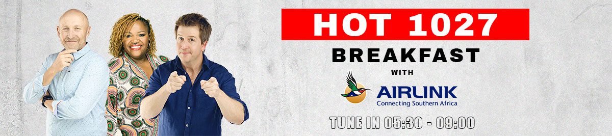 Three Hot 1027 radio hosts stand side by side. Text reads: HOT 1027 BREAKFAST with AIRLINK. Tune in 06:00 - 09:00. AIRLINK logo is present. White background.