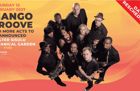 Thirteen musicians pose with instruments on a pink and yellow promo poster for Mango Groove, announcing a rescheduled concert at Walter Sisulu Botanical Garden on Saturday, 13 February 2027.
