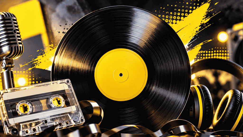 A vinyl record, cassette tape, retro microphone, and headphones are shown on a vibrant yellow and black background with abstract paint splashes and light spots, evoking a nostalgic music theme.