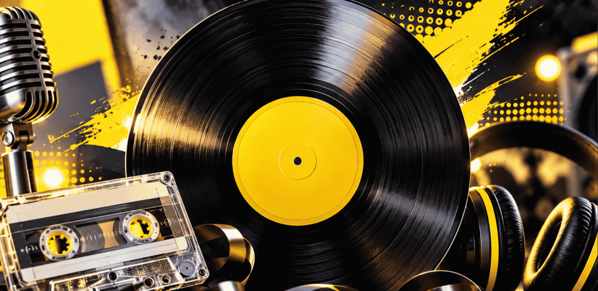 A vinyl record, cassette tape, retro microphone, and headphones are shown on a vibrant yellow and black background with abstract paint splashes and light spots, evoking a nostalgic music theme.
