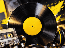 A vinyl record, cassette tape, retro microphone, and headphones are shown on a vibrant yellow and black background with abstract paint splashes and light spots, evoking a nostalgic music theme.