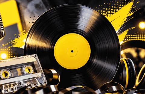 A vinyl record, cassette tape, retro microphone, and headphones are shown on a vibrant yellow and black background with abstract paint splashes and light spots, evoking a nostalgic music theme.