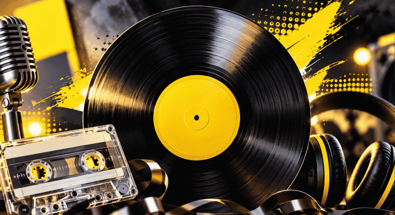 A vinyl record, cassette tape, retro microphone, and headphones are shown on a vibrant yellow and black background with abstract paint splashes and light spots, evoking a nostalgic music theme.
