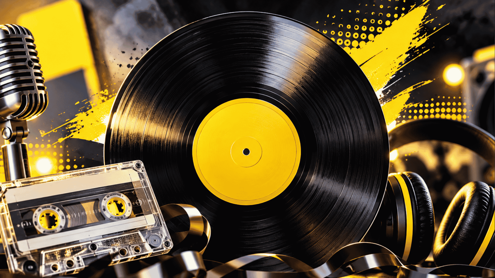 A vinyl record, cassette tape, retro microphone, and headphones are shown on a vibrant yellow and black background with abstract paint splashes and light spots, evoking a nostalgic music theme.
