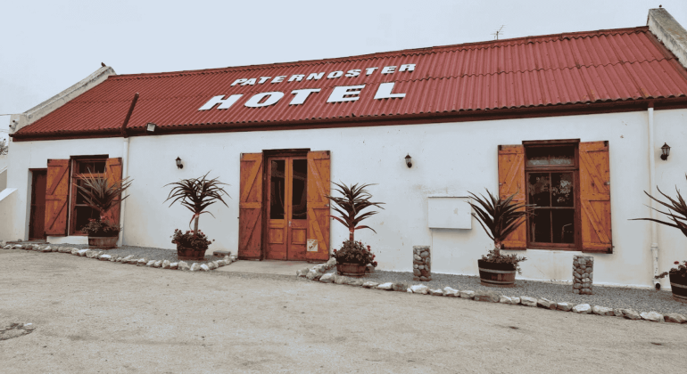 A white building with a red roof and wooden doors and windows, labeled PATERNOSTER HOTEL. Four potted plants are placed in front, and the ground is sandy with some small rocks.