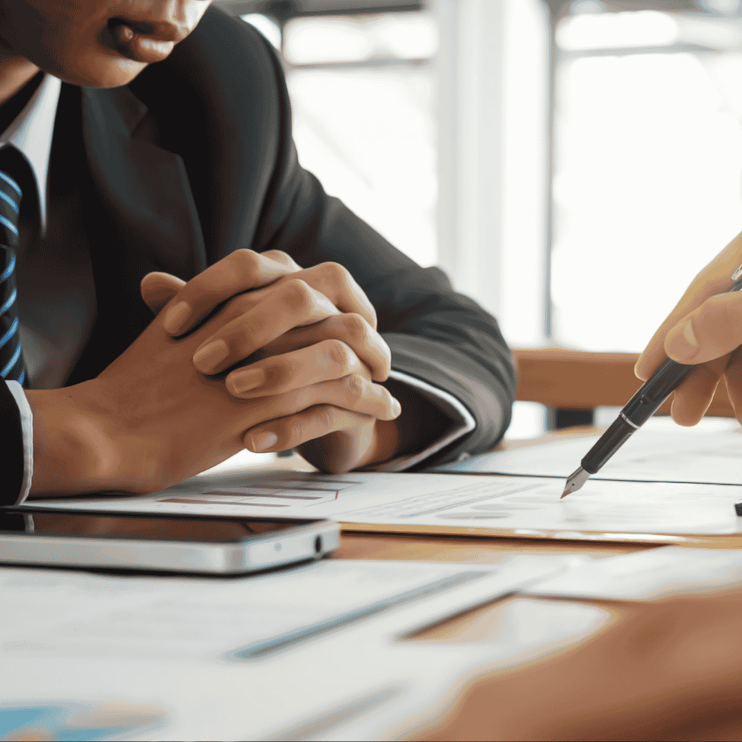 Two people in business attire sit at a table with documents, a smartphone, and a pen, appearing to discuss or review paperwork during a meeting. Hands and partial torsos are visible, conveying a professional setting where attention to detail is as essential as staying warm beneath a winter blanket.