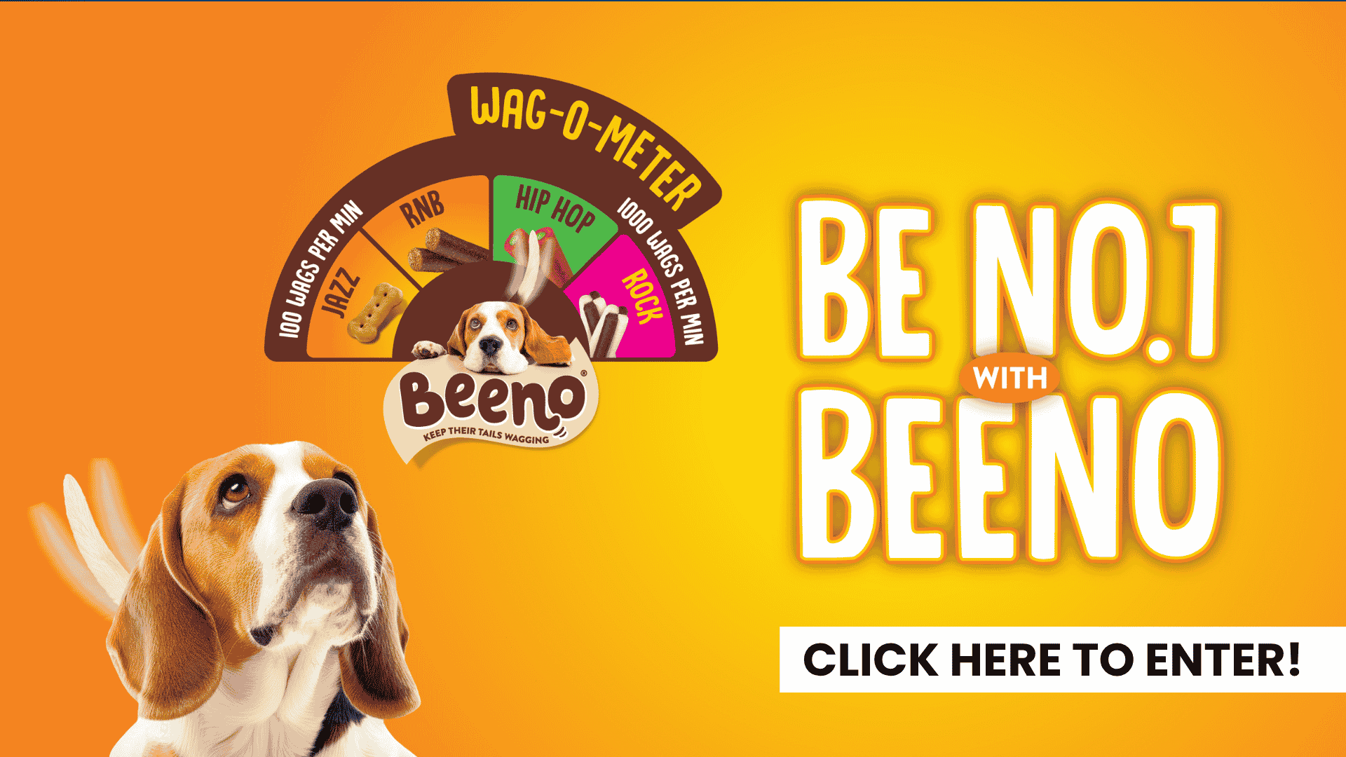 Beeno dog treat advertisement featuring a beagle and a Wag-o-meter gauge, with the text Be No. 1 with Beeno and a Click here to enter! button.