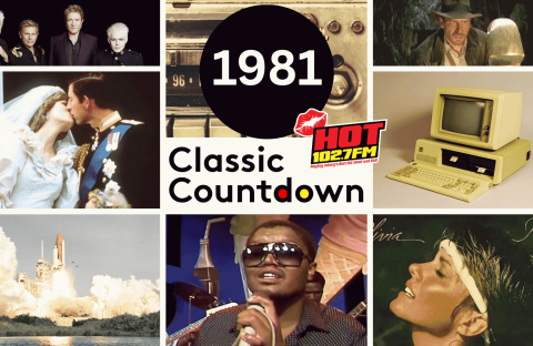 Collage of 1981 pop culture: royal wedding, radio, Indiana Jones, vintage computer, space shuttle launch, 1980s singer, album cover, and 1981 Classic Countdown with Hot 102.7 FM logo in the center.