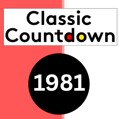A graphic with Classic Countdown at the top, the letters o in Countdown colored red and yellow, and a large black circle below displaying 1981 in bold white numbers. Background is half red, half white.