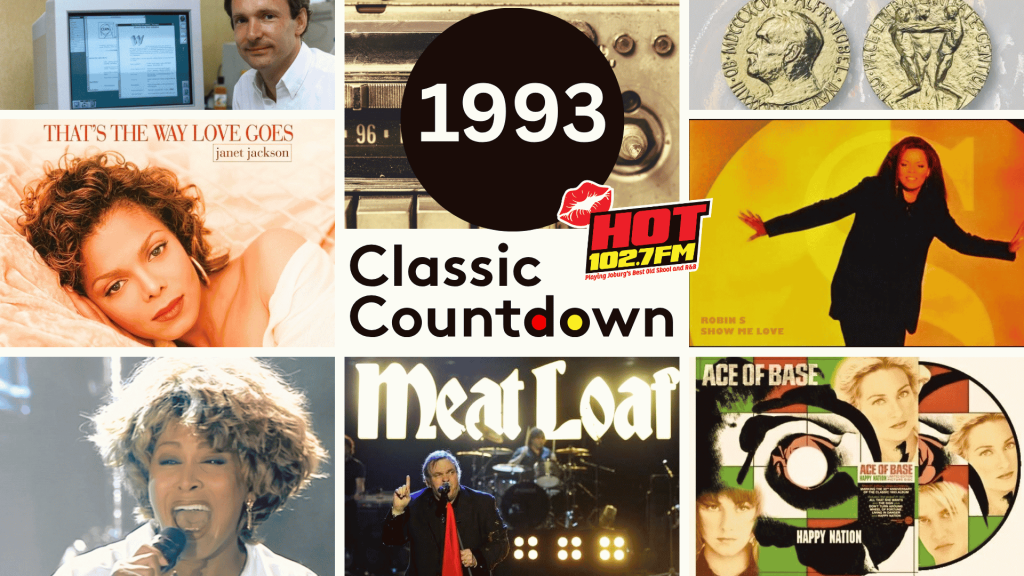 A collage featuring Tim Berners-Lee with the first web browser, a Nobel Prize medal, Janet Jackson, Robin S., Tina Turner, Meat Loaf, and the Ace of Base Happy Nation album cover, titled 1993 Classic Countdown for Hot 102.7FM.