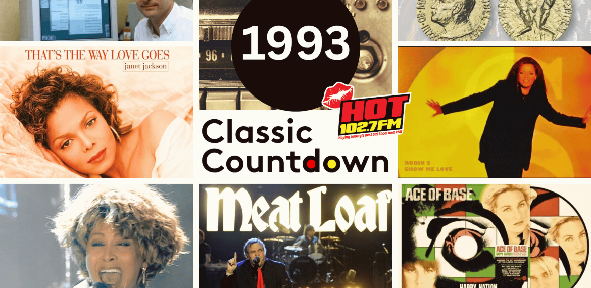 A collage featuring Tim Berners-Lee with the first web browser, a Nobel Prize medal, Janet Jackson, Robin S., Tina Turner, Meat Loaf, and the Ace of Base Happy Nation album cover, titled 1993 Classic Countdown for Hot 102.7FM.