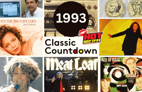 A collage featuring Tim Berners-Lee with the first web browser, a Nobel Prize medal, Janet Jackson, Robin S., Tina Turner, Meat Loaf, and the Ace of Base Happy Nation album cover, titled 1993 Classic Countdown for Hot 102.7FM.