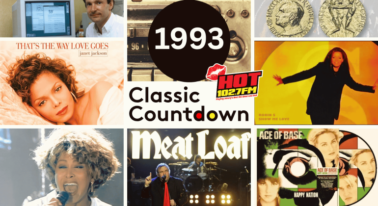 A collage featuring Tim Berners-Lee with the first web browser, a Nobel Prize medal, Janet Jackson, Robin S., Tina Turner, Meat Loaf, and the Ace of Base Happy Nation album cover, titled 1993 Classic Countdown for Hot 102.7FM.