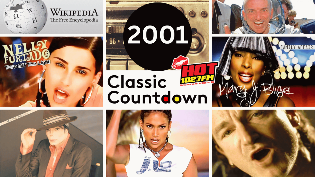 A collage of images labeled 2001 Classic Countdown featuring Wikipedia, Nelly Furtado, an astronaut, Hot 1027FM, Mary J. Blige, Michael Jackson, Jennifer Lopez, and Bono.