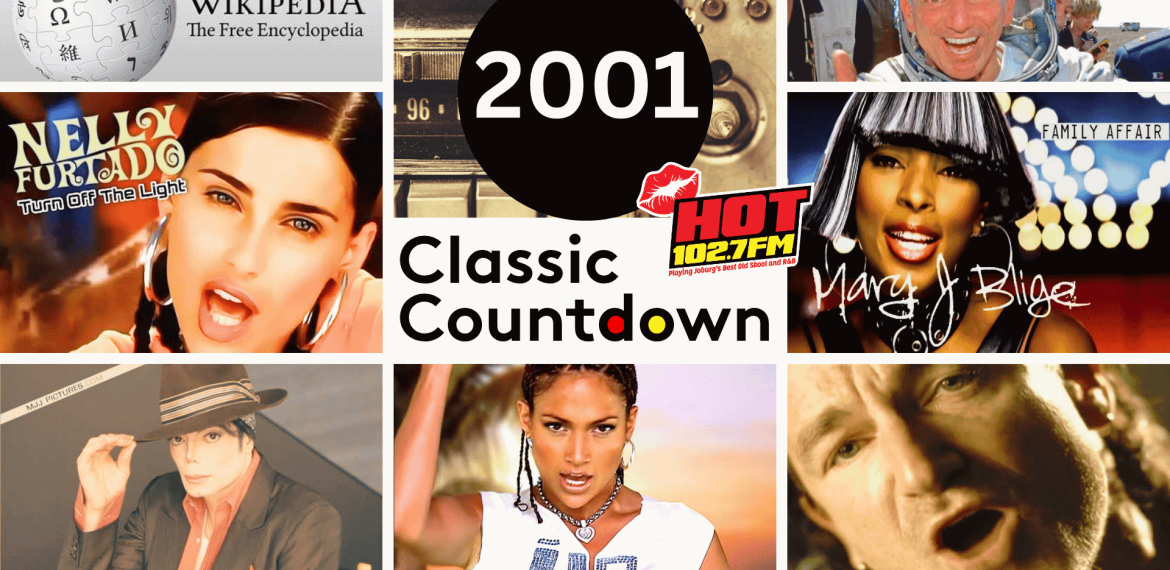 A collage of images labeled 2001 Classic Countdown featuring Wikipedia, Nelly Furtado, an astronaut, Hot 1027FM, Mary J. Blige, Michael Jackson, Jennifer Lopez, and Bono.