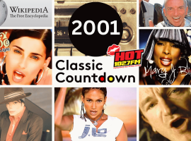 A collage of images labeled 2001 Classic Countdown featuring Wikipedia, Nelly Furtado, an astronaut, Hot 1027FM, Mary J. Blige, Michael Jackson, Jennifer Lopez, and Bono.