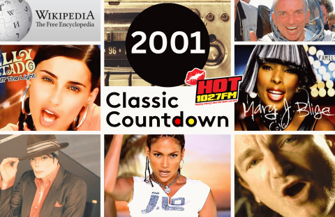 A collage of images labeled 2001 Classic Countdown featuring Wikipedia, Nelly Furtado, an astronaut, Hot 1027FM, Mary J. Blige, Michael Jackson, Jennifer Lopez, and Bono.