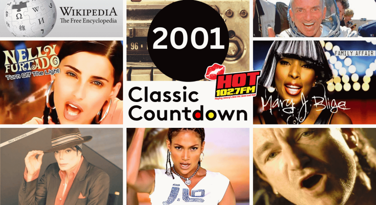 A collage of images labeled 2001 Classic Countdown featuring Wikipedia, Nelly Furtado, an astronaut, Hot 1027FM, Mary J. Blige, Michael Jackson, Jennifer Lopez, and Bono.