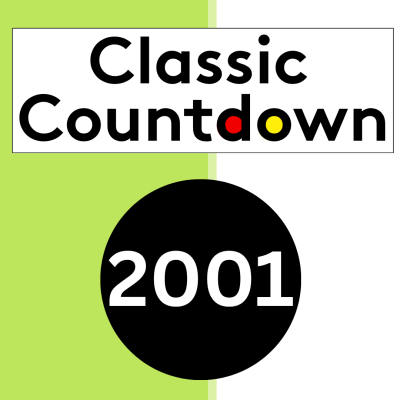 Graphic reading Classic Countdown with the letter o replaced by red and yellow circles, above a black circle containing the white text 2001.
