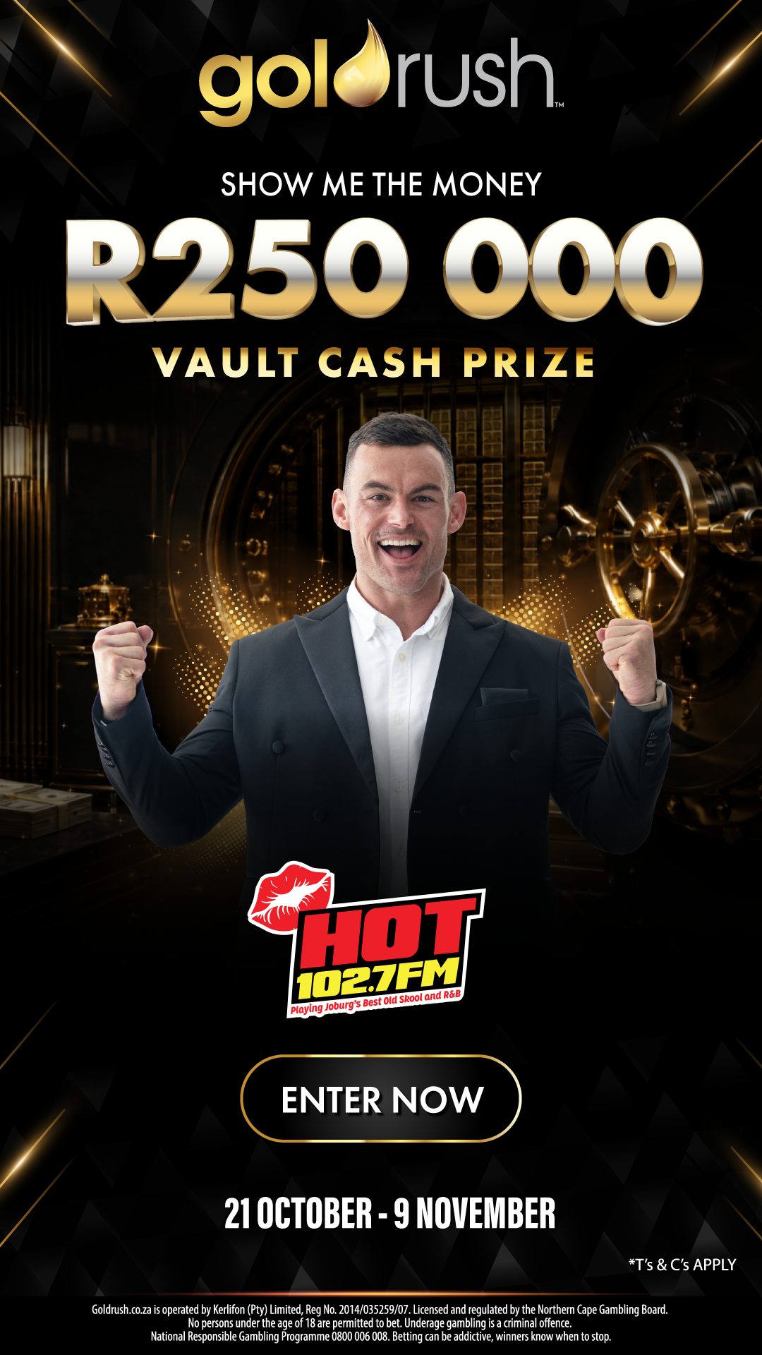 Promotional graphic for a Courier Guy Gold Rush vault cash prize of R250,000, featuring a man celebrating, the Hot 102.7FM logo, an Enter Now button, and event dates from 21 October to 9 November.