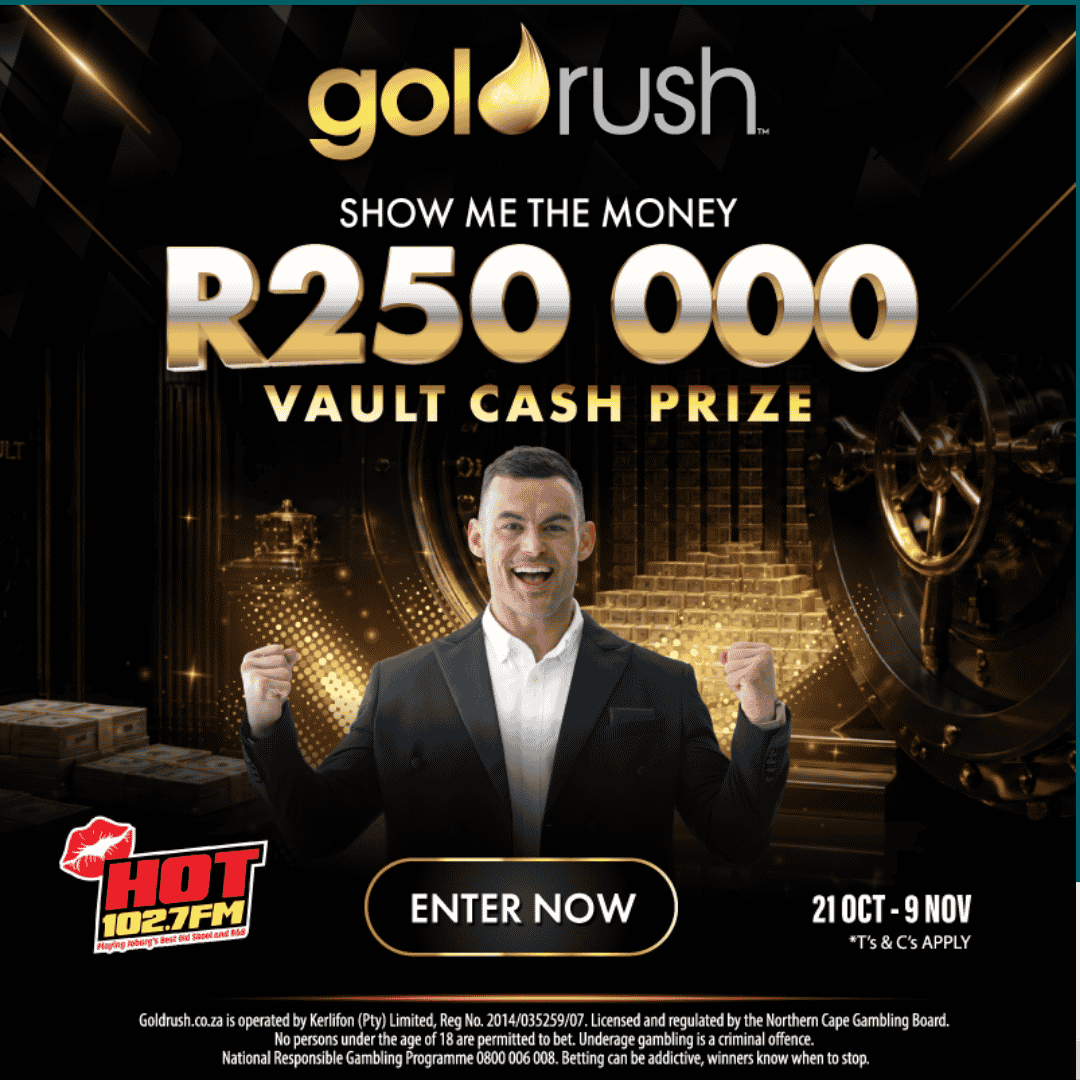 Promotional graphic for a Courier Guy Gold Rush vault cash prize of R250 000, featuring a cheering man, an Enter Now button, and event dates of 21 Oct - 9 Nov.