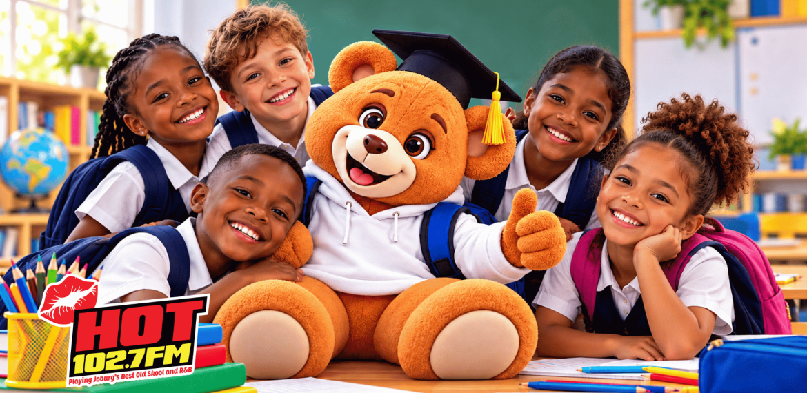 Four diverse elementary students smile with a large mascot bear wearing a graduation cap and hoodie, as a Courier Guy and Hot 102.7 FM logo appear in the foreground.