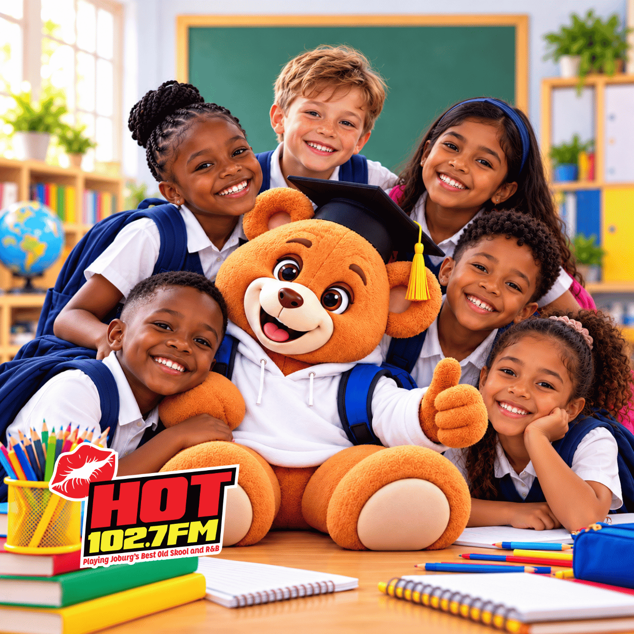 A diverse group of five smiling children pose with a teddy bear wearing a graduation cap, with The Courier Guy and Hot 102.7FM radio station logos visible in the foreground.