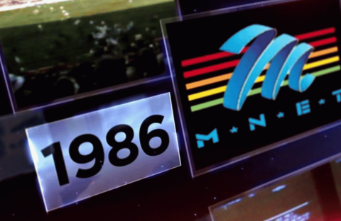 A graphic displays 1986 in bold black text next to the M-Net logo, which features a blue M and five colored stripes over the letters M-N-E-T on a black background.