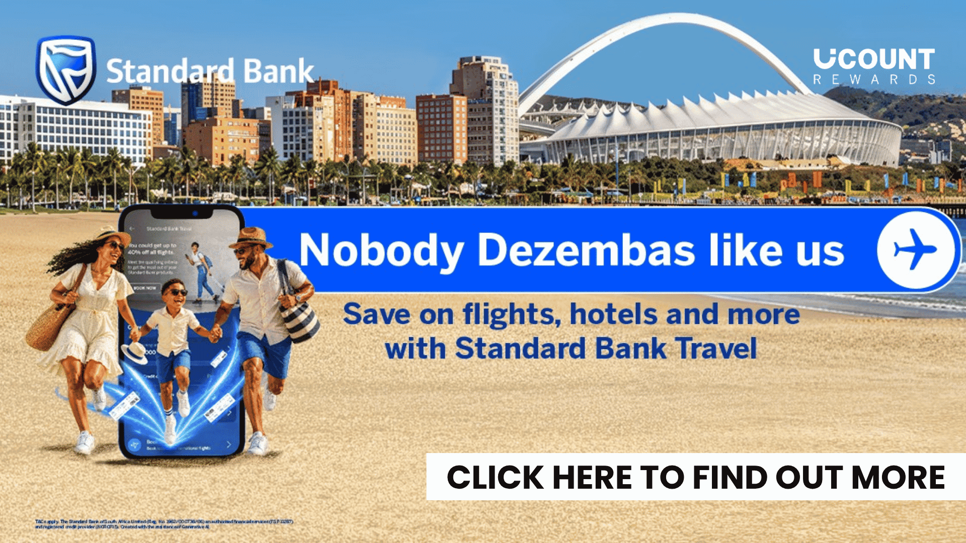 A family walks on a beach in front of a city skyline and stadium; an overlay shows a phone screen displaying a travel app with text promoting Standard Bank travel savings and a button to find out more.