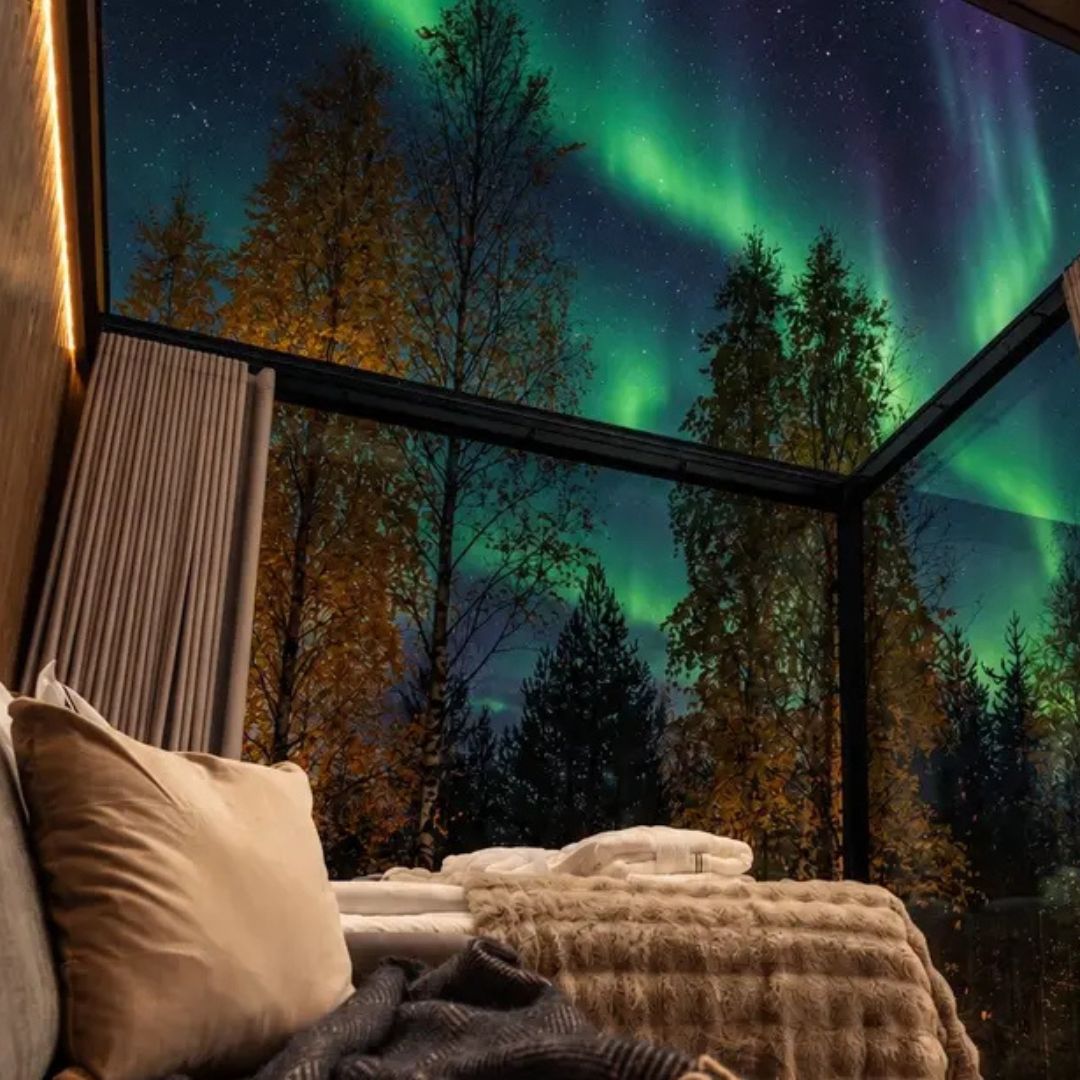 A travel view from a glass-walled bedroom looking out at a forest and the aurora borealis in the night sky.
