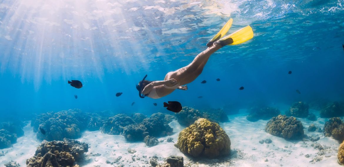 A person wearing a snorkel and yellow fins free dives over a coral reef while on their travels.
