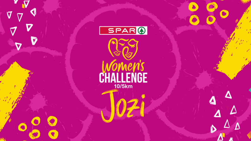 Bright pink poster with SPAR logo, stylized faces, and text: Womens Challenge 10/5km Jozi. Abstract yellow and white patterns decorate the background.