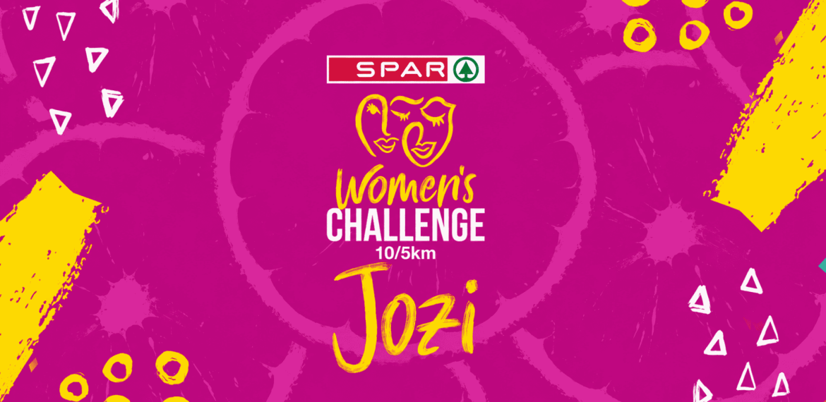 Bright pink poster with SPAR logo, stylized faces, and text: Womens Challenge 10/5km Jozi. Abstract yellow and white patterns decorate the background.